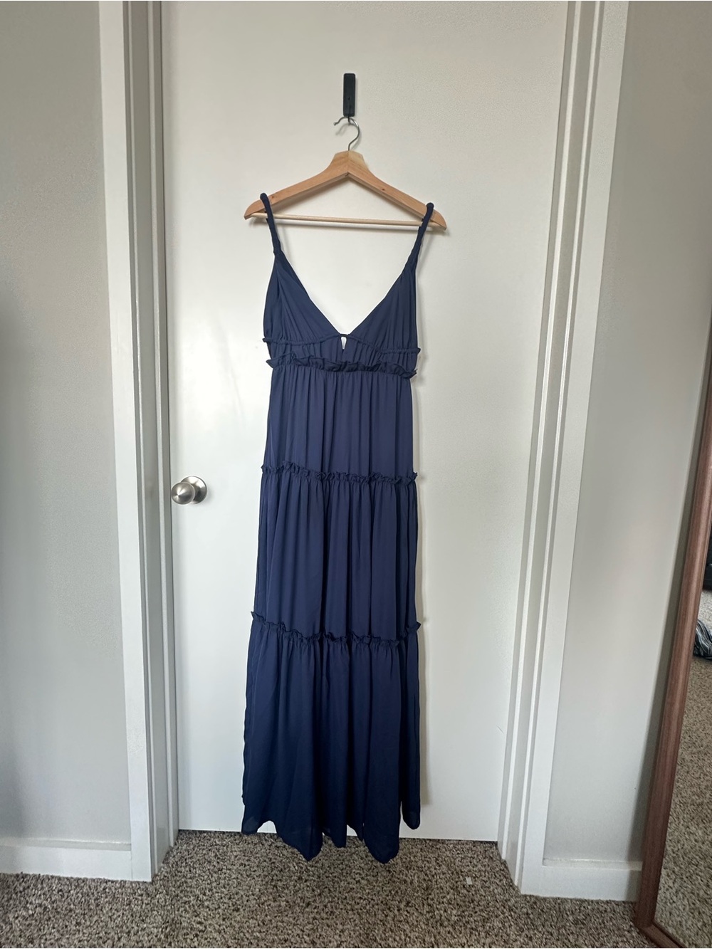 Lulu's Navy V-Neck Tiered Maxi Dress with Spaghetti Straps
